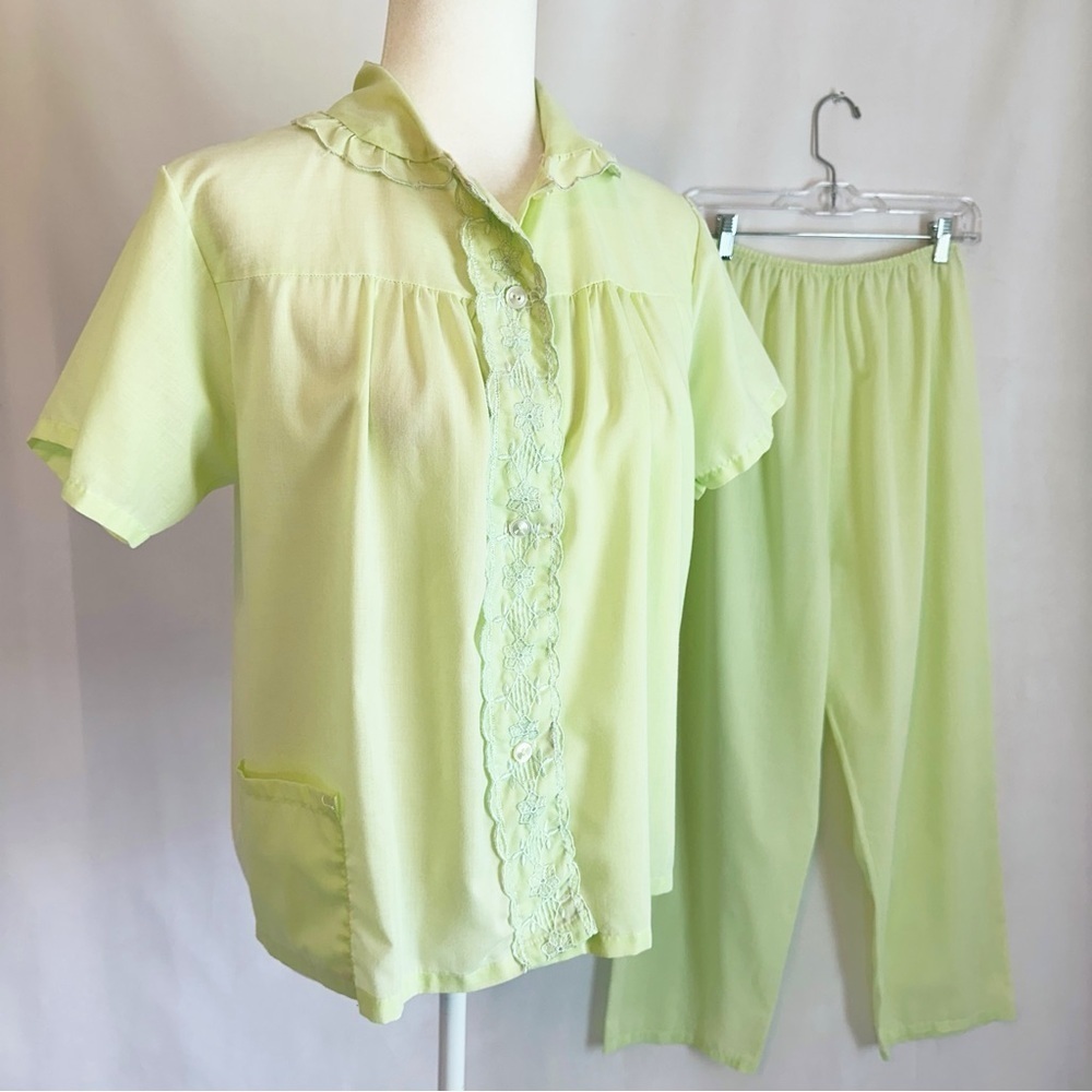 Vintage 60s 70s Mint Green Cotton Lace Pajama Set Button Up Shirt Pants S/M